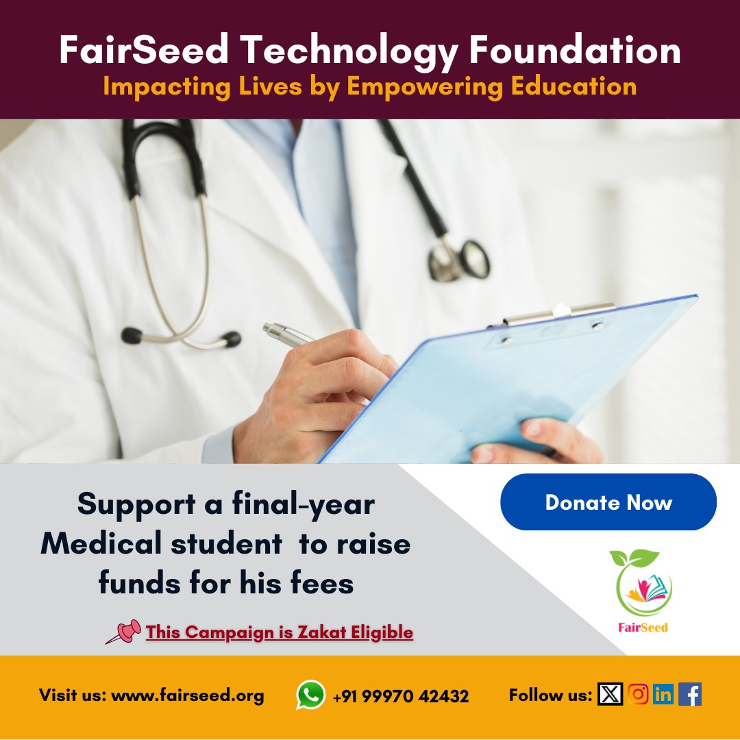 FairSeedTech's tweet photo. 1/2
A final-year Medical student needs support to raise funds for his fees

Syed Ashfaq Ahmed, a bright final-year Medical Student is struggling to complete his education due to his father's paralysis and resulting expenses.

Support Ashfaq's dream of becoming a doctor https://t.co/xzBPq3j5vh