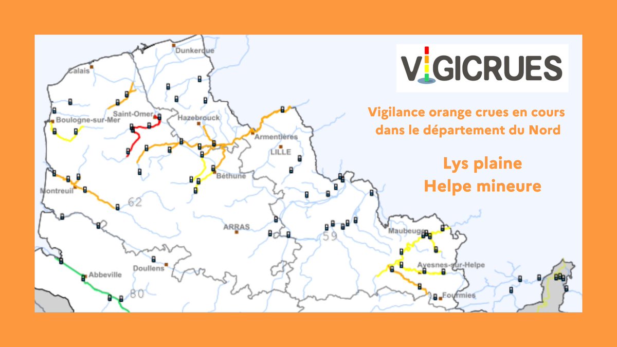 prefet59's tweet photo. ⚠️🟠#VigilanceOrange #Crues ce 04/01/24 pour le département du #Nord au niveau de : 
- la #Lys plaine 
- l'#Helpe mineure 

La #Sambre, la #Solre et l’#Helpe majeure sont placés en #VigilanceJaune crues.   

Faites preuve de la plus grande prudence. https://t.co/Ov3i5aPqqH