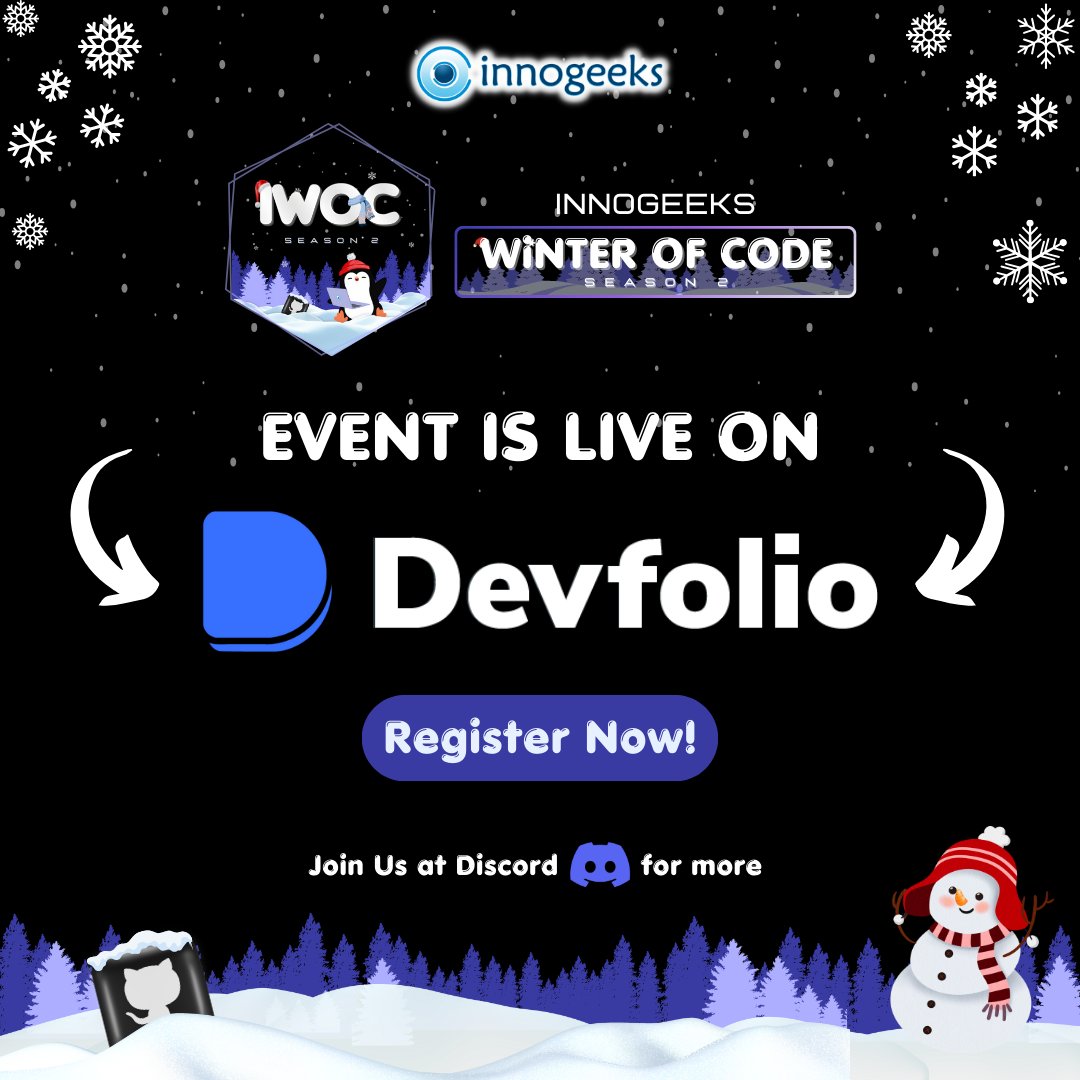 InnogeeksKiet's tweet photo. Join us in IWOC 2.0, a month long Open Source Contribution initiative to contribute to some handpicked projects! ✨
Applications are live on Devfolio
Register now at :
https://t.co/1gambNx1lv or visit
https://t.co/Fig55BBXYE
Contribution period will begin from 11th January 2024 https://t.co/LrqW9k9USa