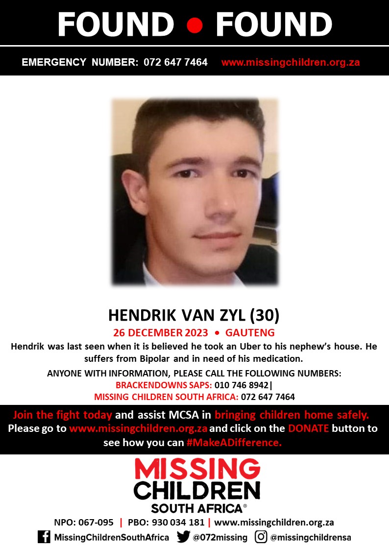 #MCSAFound Wonderful news! Hendrik van Zyl has been found safe If you personally, or your company | or your place of work, would like to make a donation to #MCSA, please click here to donate: missingchildren.org.za/page/donate