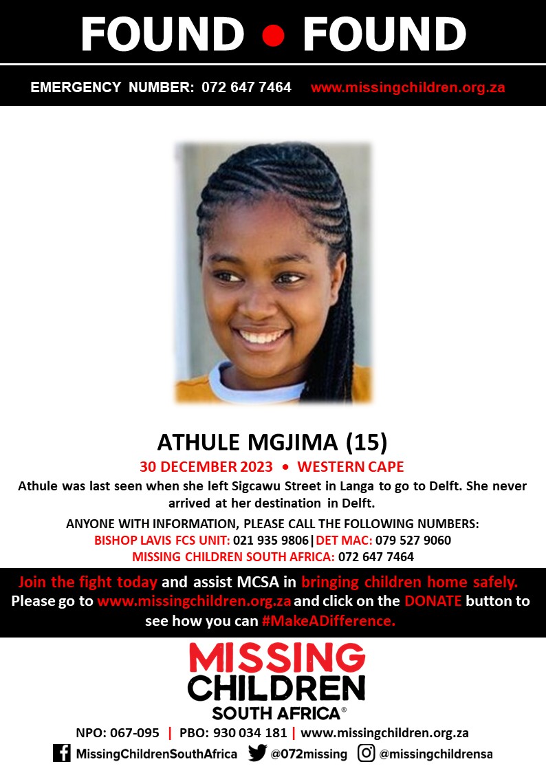 #MCSAFound Wonderful news! Athule Mgijma has been found safe If you personally, or your company | or your place of work, would like to make a donation to #MCSA, please click here to donate: missingchildren.org.za/page/donate