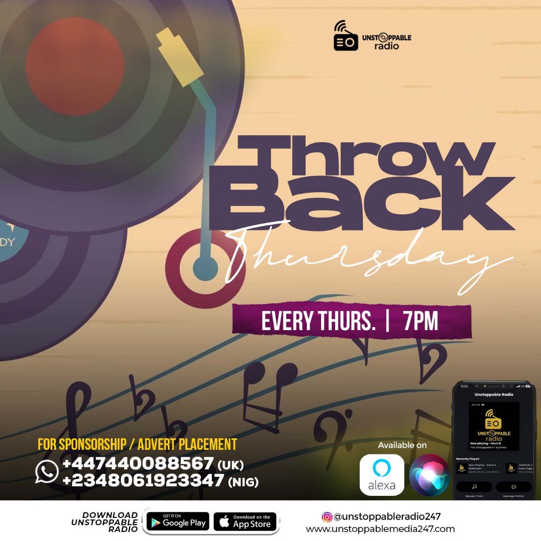 unstopradio247's tweet photo. Throwback Thursday Show live on Unstoppable radio by 7pm.

To listen online, download the @unstoppableradio247 app on #appstore #playstore 
.
.
✨You are Unstoppable!

#throwbackshow #unstoppableradio247 #goodmusic #eveningshow #lifestyle #gospel #gospelmusic #thursday https://t.co/nNmATRYx6H