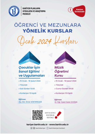 Üniversitemiz öğrenci ve mezunlarının kariyer gelişimlerine katkı sağlamak amacıyla,  ücretsiz kurslara ilişkin hazırlanan görsel ve kurs planı aşağıda verilmiştir.
Kurs Başvuru Link Bağlantısı :   forms.office.com/r/G2pgha2bEh
<a href="/YuzbasiSuayip/">Prof. Dr. Şuayip Yüzbaşı</a>  <a href="/baruedutr/">Bartın Üniversitesi</a>