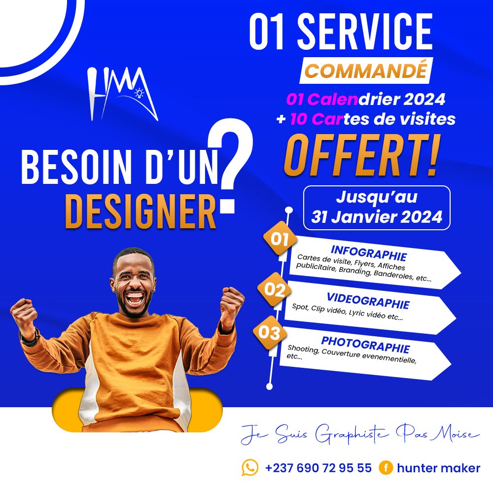 hunter_maker's tweet image. Chez Hunter MAker Art reçois 01 #Calendrier 2024 avec 10 #Cartesdevisite pour un Service demandé
Je Suis #Graphiste pas Moïse
Une seule adresse +237 690729555