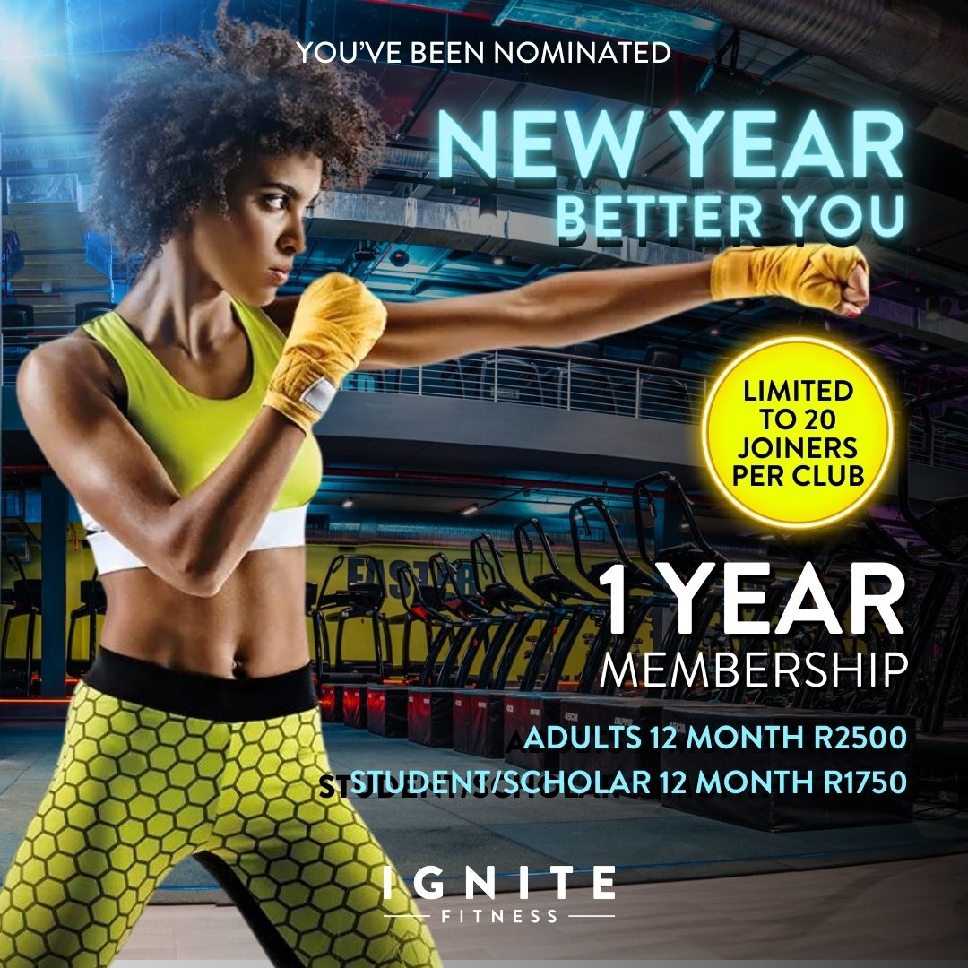 New year, new commitment! Commit to a stronger, healthier you in 2024.💪🏽
JANUARY DEAL:
Adults R2500 for 12 months
Student/Scholars R1750 for 12 months
Once off payment. No hidden costs
START TODAY! ignitefitness.com/join/