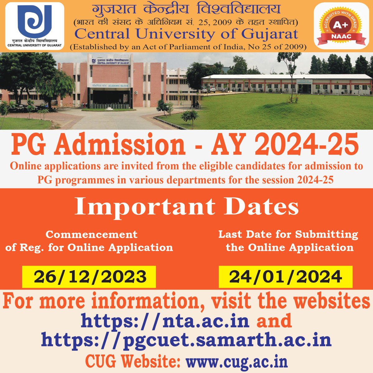 PROCUG1's tweet photo. PG Admission Alert - AY 2024-25 
We're inviting online applications for PG programs in various departments for the session 2024-25.

📅 Important Date:
Deadline for Online Applications: January 24, 2024
For details and to apply, visit https://t.co/WhnPNEVpMQ 
#CUG #Admission https://t.co/qMVJvziKp7