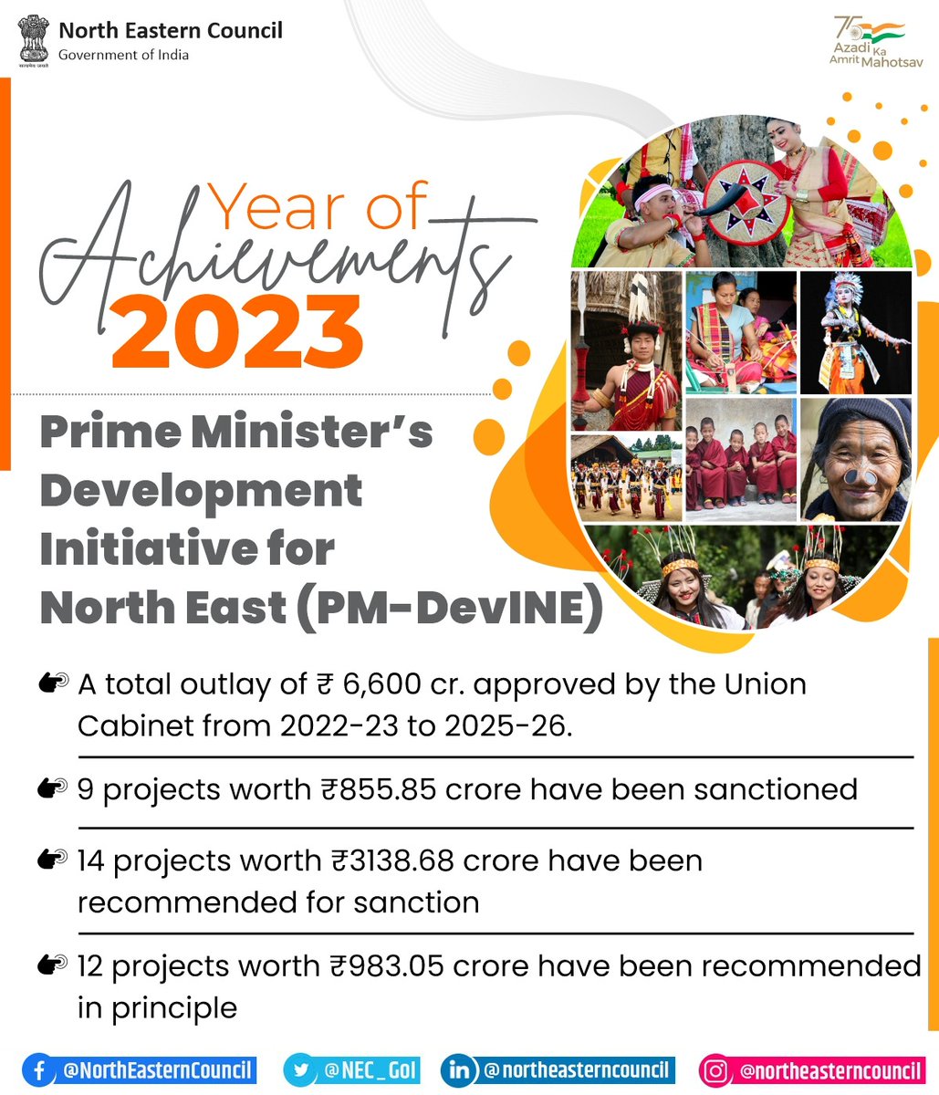 NEC_GoI's tweet photo. #Flashback2023
Unfolding Prosperity in #NorthEast🇮🇳
Launched to finance projects for infrastructure and social progress, PM-DevINE, implemented through @NEC_GoI, has sparked a wave of prosperity, https://t.co/2Si4S7ruhY