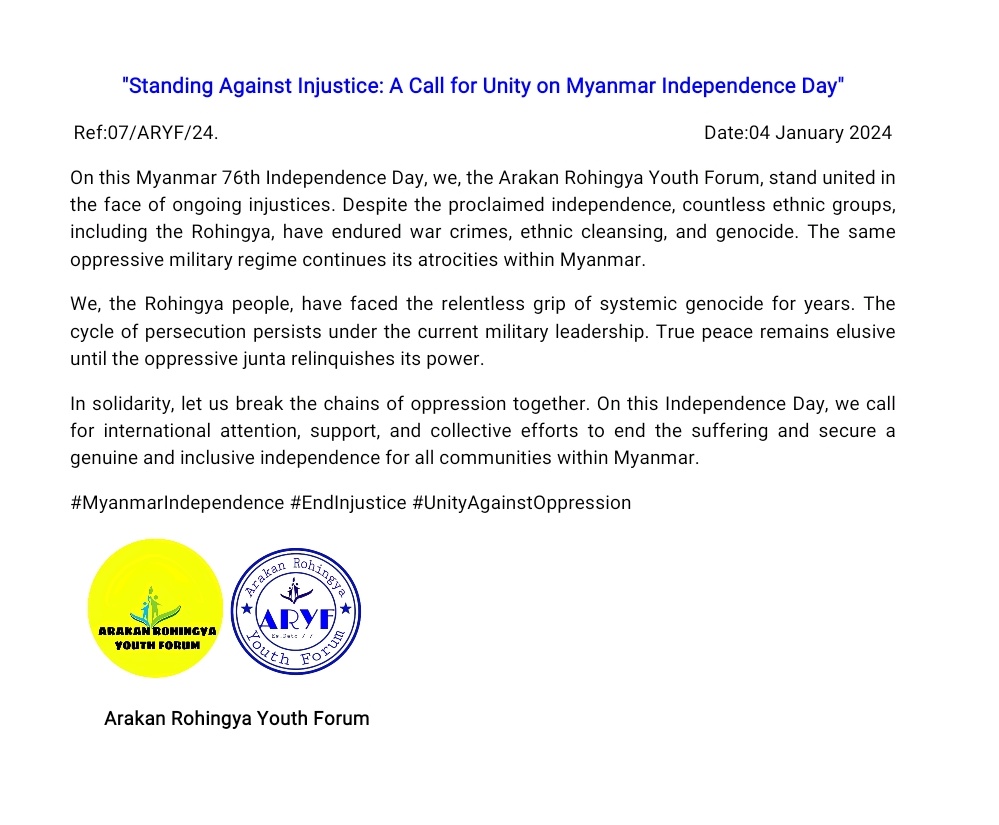 ArakanForum's tweet photo. Standing Against Injustice: A Call for Unity on Myanmar Independence Day!
#MyanmarIndependence #EndInjustice #unityagainstoppression #ARYF https://t.co/LkBPiWHBTI