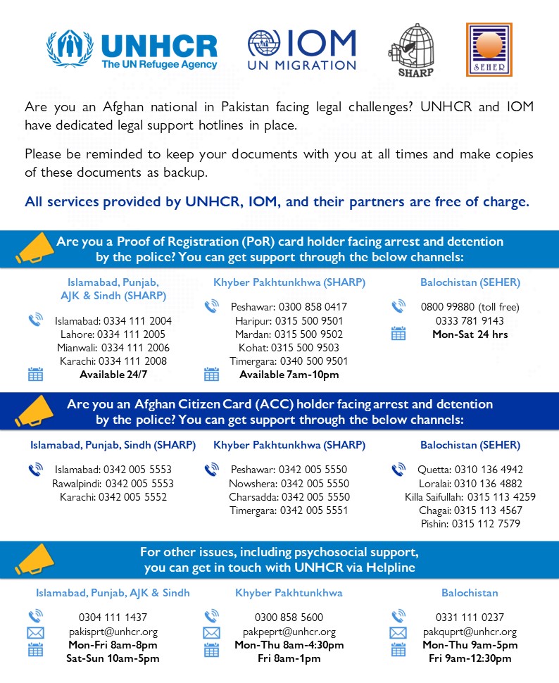 Are you an Afghan national in Pakistan facing legal challenges?

If so, IOM and <a href="/UNHCRPakistan/">UNHCR Pakistan</a> have dedicated legal support hotlines in place 👇

All services provided by IOM, UNHCR and its partners are free of charge.