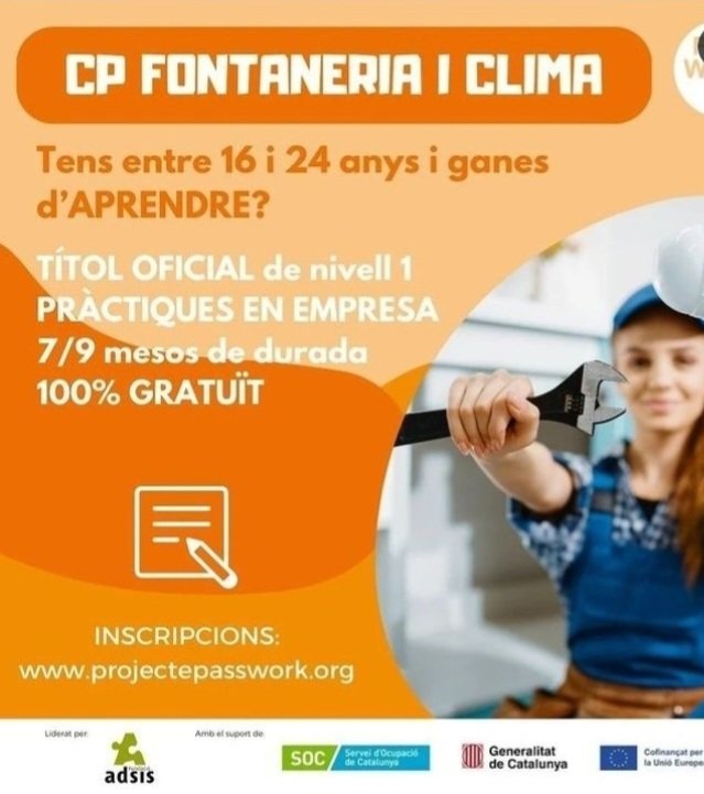 passworkbcn's tweet photo. Encara queden places disponibles a la formació de -CP FONTANERIA I CLIMA que realitzem a PASSWORK
#passwork #fundacionadsis ##aprender #formació #passwork #adsis #passwork #garantiajuvenilib #formación
#formació #garantiajuvenil https://t.co/6CKaxh62q6