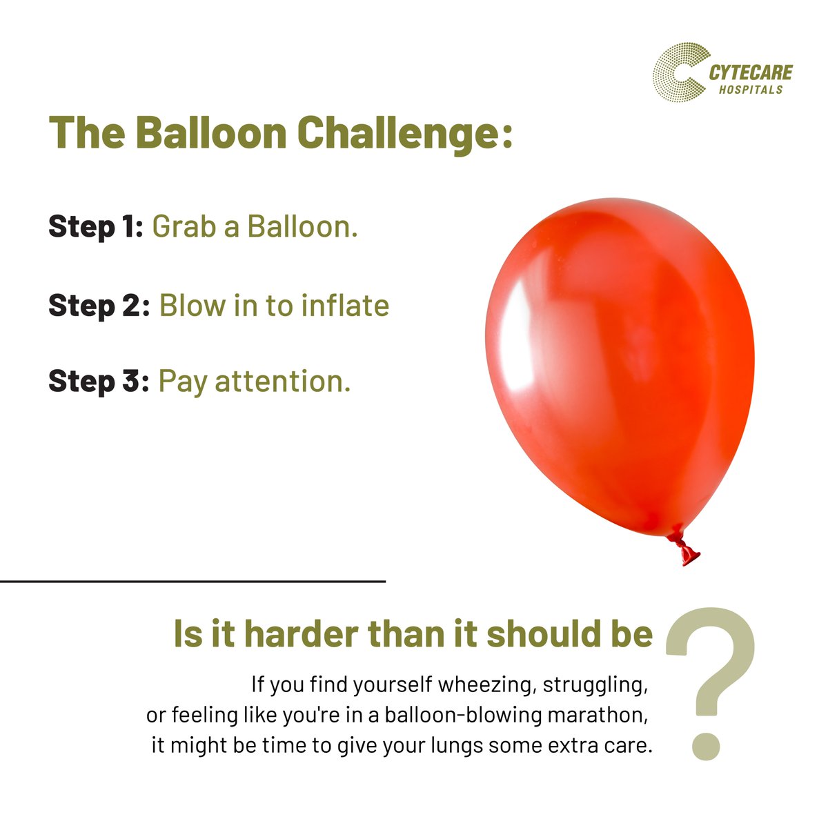 cytecare's tweet image. Dive into lung health with our #BalloonChallenge! Inflate a balloon, time it, and see. Could it hint at COPD risk? Millions face COPD unknowingly. Early detection is key! Join us at Cytecare Hospitals in raising COPD awareness. . Let's prioritize lung health!

#CytecareHospitals