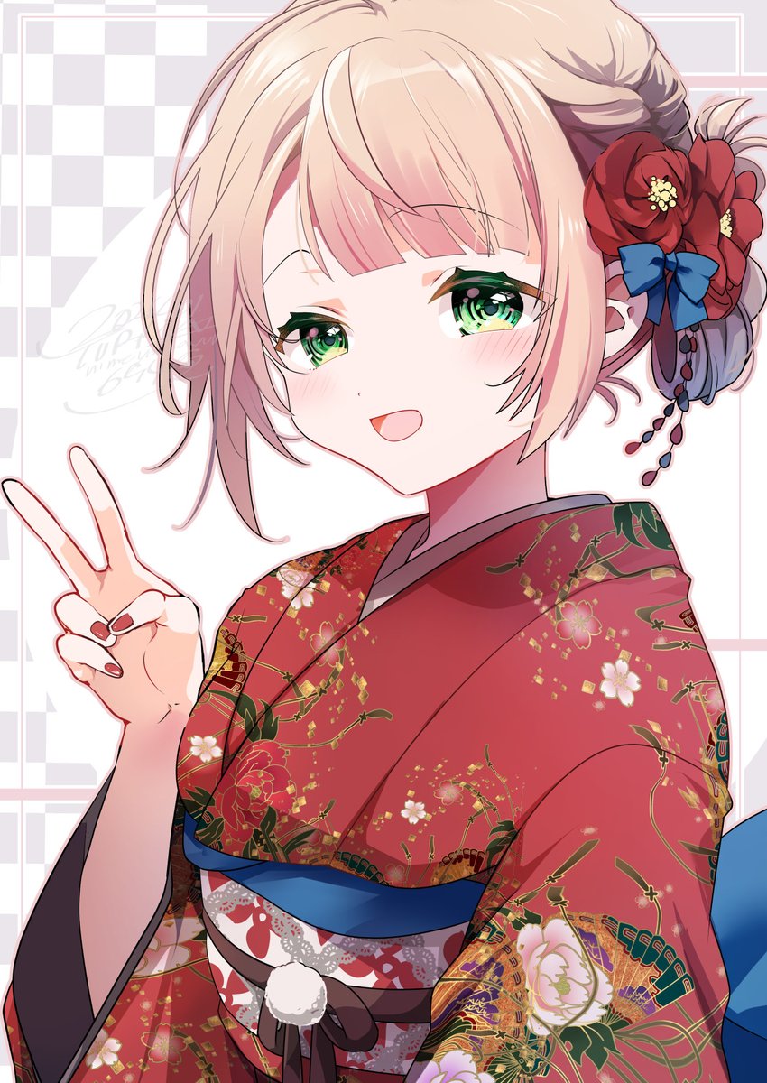 shigure ui (vtuber) 1girl solo japanese clothes hair ornament kimono green eyes flower  illustration images