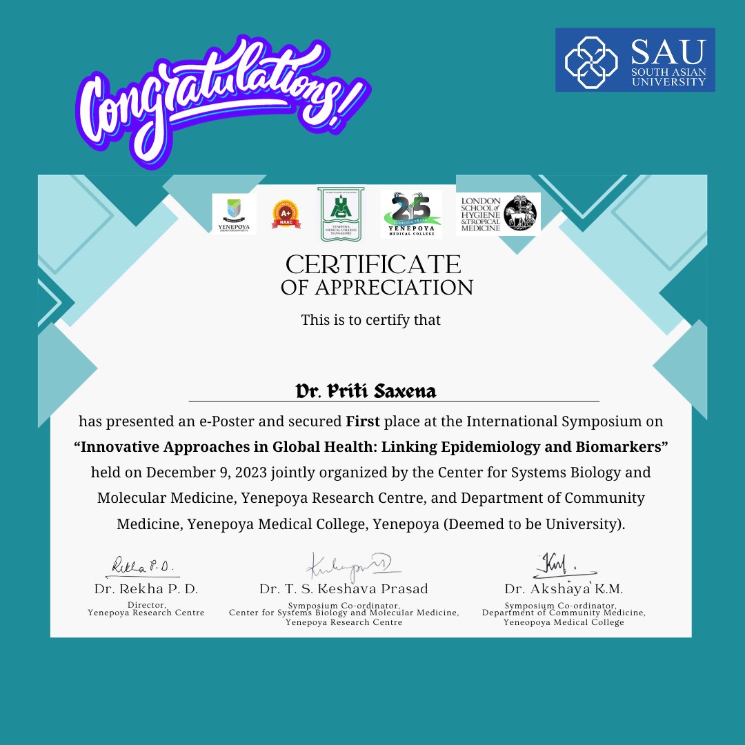 #SAUFaculty Dr. Priti Saxena from FLSB, presented an e-poster titled 'Functional Flexibility of Mycobacterium marinum Type III Polyketide Synthases and Modifying Enzymes' and secured First place in the best poster awards at the International Symposium on 'Innovative Approaches in