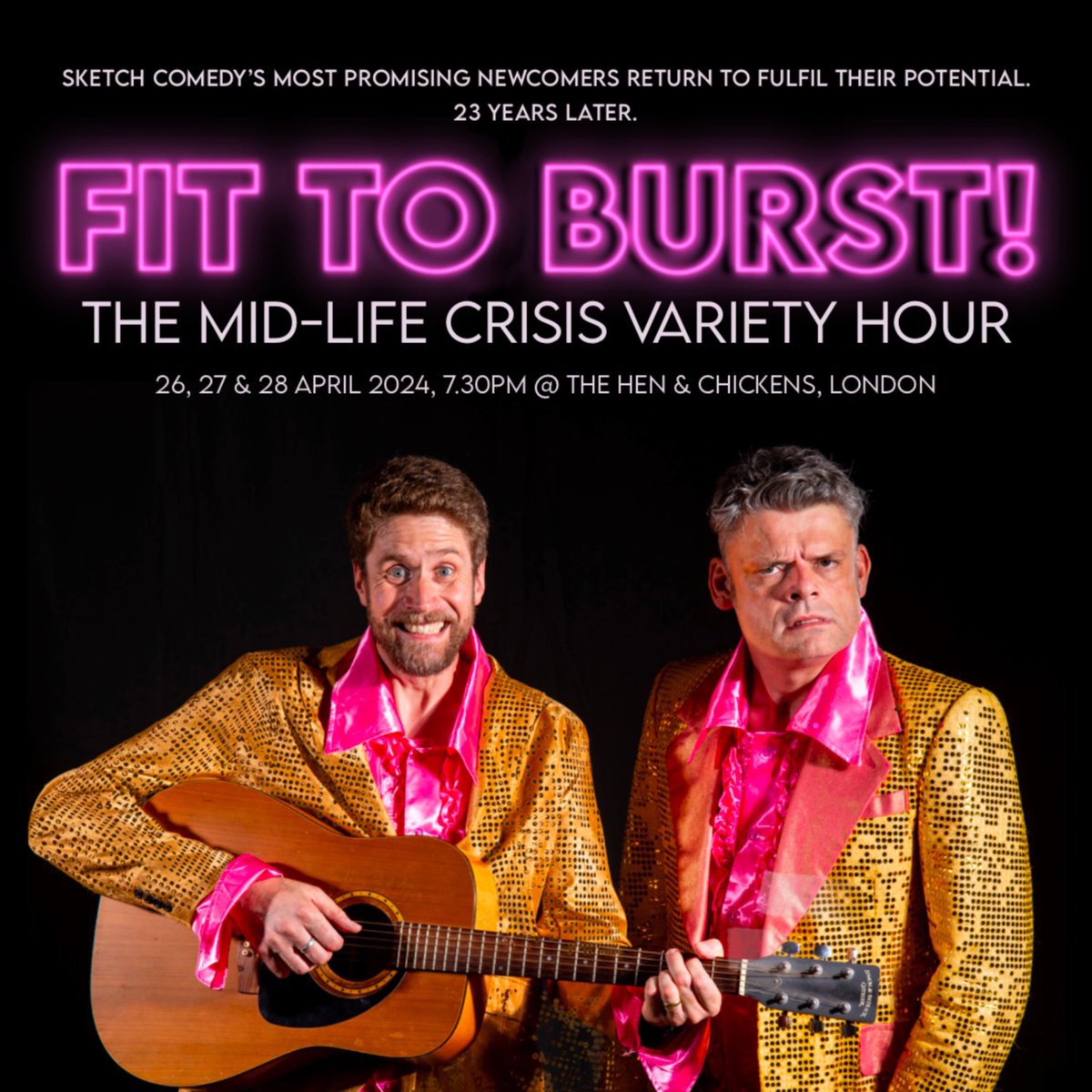 We’re back. 23 years later Fit to Burst explode again with our Mid-Life Crisis Variety Hour. Alive (just!) on stage @TheHenChickens this April! Tickets unrestrictedview.co.uk/fit-to-burst-t… #comedy #sketchcomedy @petegold_