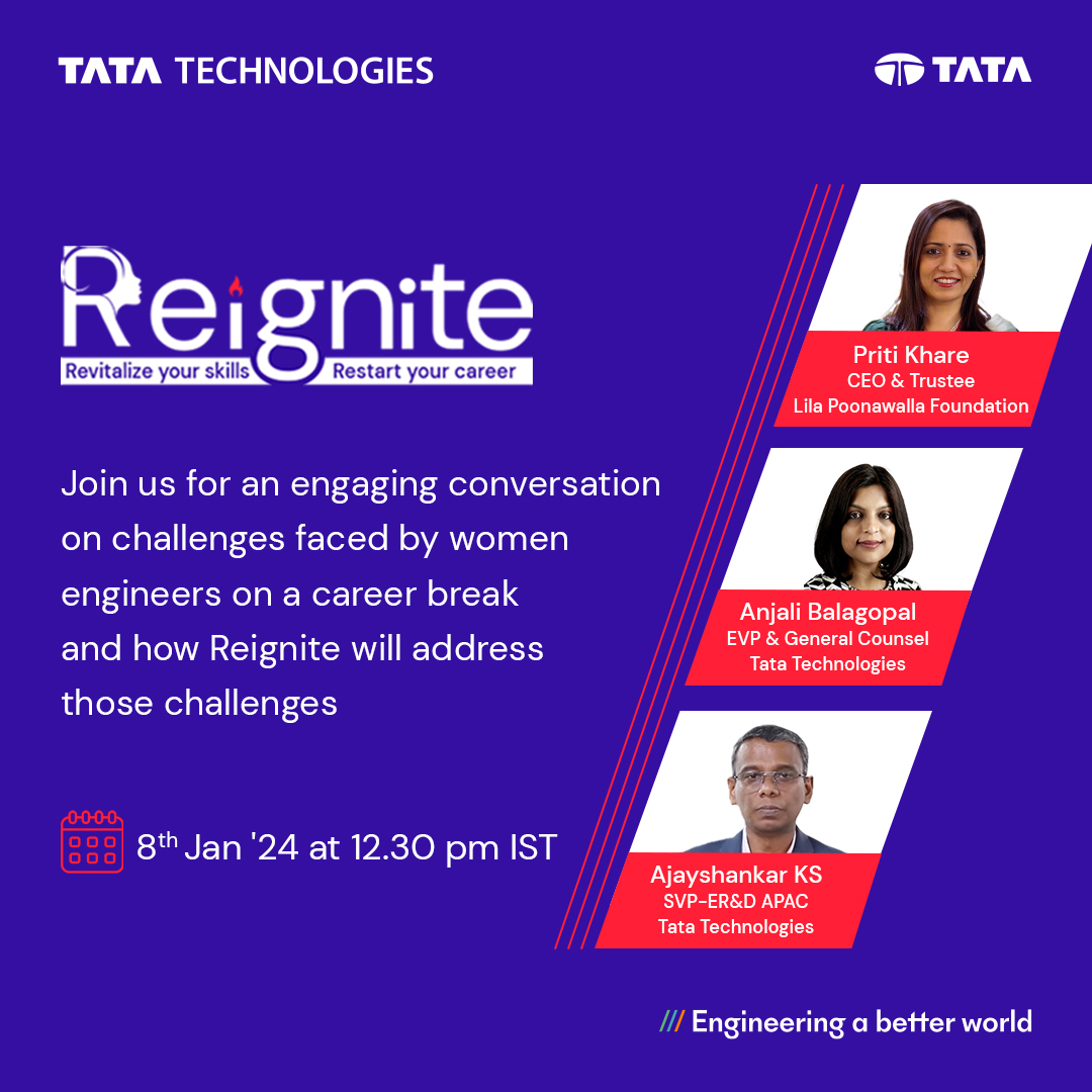 TataTech_News's tweet image. #EngineeringDiversity - On 8th January at 12:30 pm IST, join our eminent panellists to discuss the key challenges women on a career break face &amp;amp; how #Reignite can help them restart their professional journey successfully.

👉lnkd.in/dffTGinJ

#engineeringabetterworld