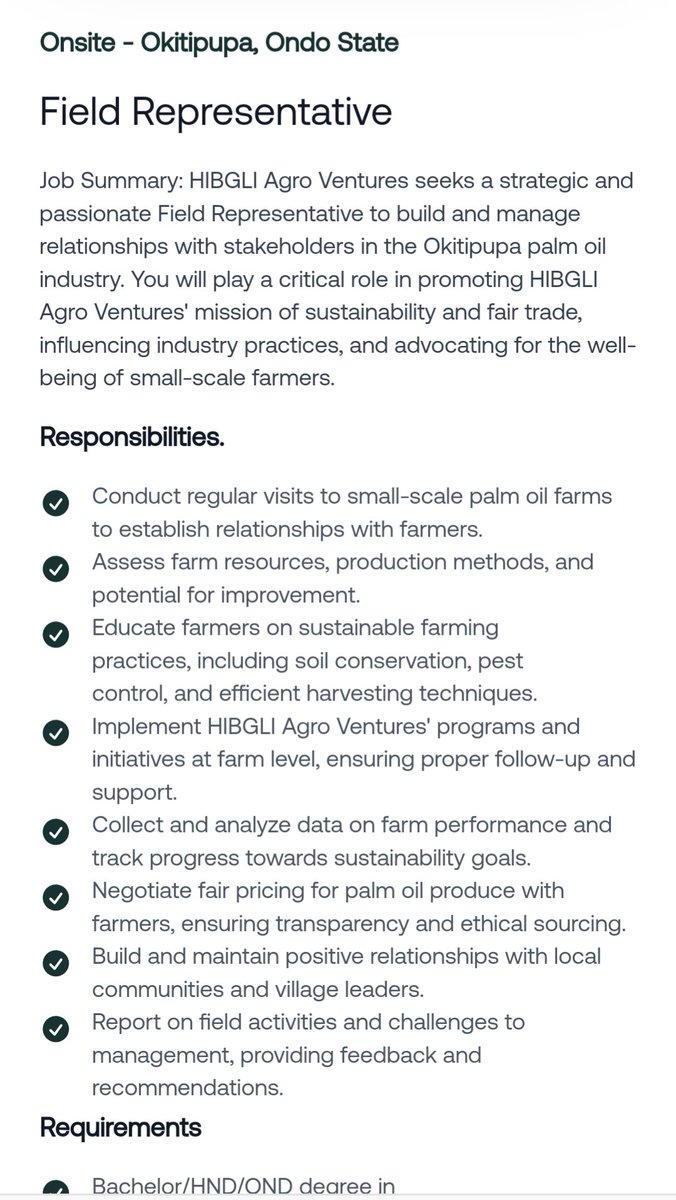 HIBGLI Agro Ventures is hiring for the position of Field Representative hibgli.com/hirings?role=f…
#palmOil #okitipupa