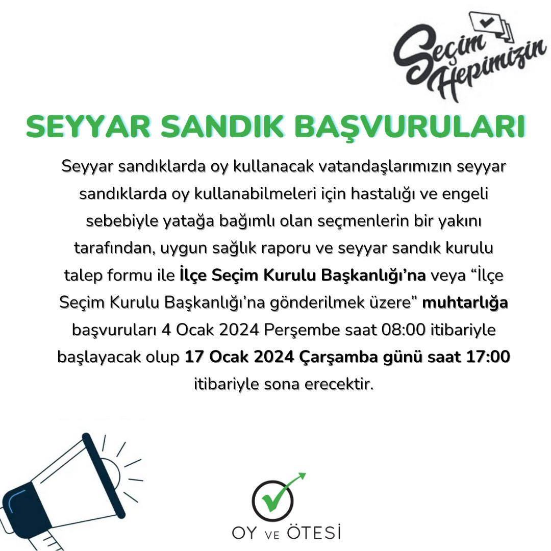 SEÇMEN LİSTELERİ ASKIDA! Bugün askıya çıkan seçmen listelerine ADRES DEĞİŞİKLİĞİ için itirazlar ve SEYYAR SANDIK BAŞVURULARI 17 Ocak 2024 Çarşamba günü saat 17:00’a kadar yapılabilecektir. e-Devlet ve Yüksek Seçim Kurulu websitesi üzerinden kontrollerinizi sağlayabilirsiniz.