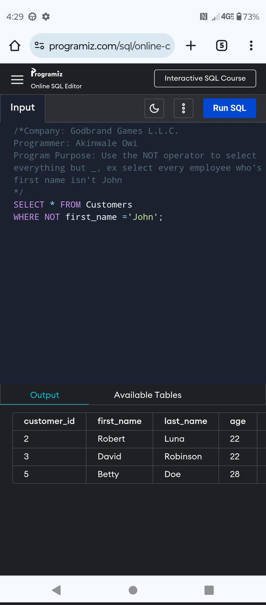 Greene_Gaming's tweet image. SQL: NOT operator
#sqlcoding #sqloperators