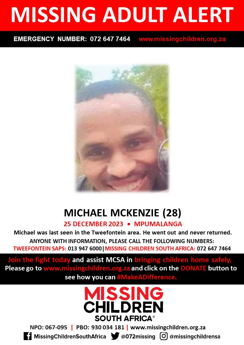 #MCSAMissing Michael Mckenzie (28) was last seen 25 December 2023. If you personally, or your company | or your place of work, would like to make a donation to #MCSA, please click here to donate: missingchildren.org.za/page/donate