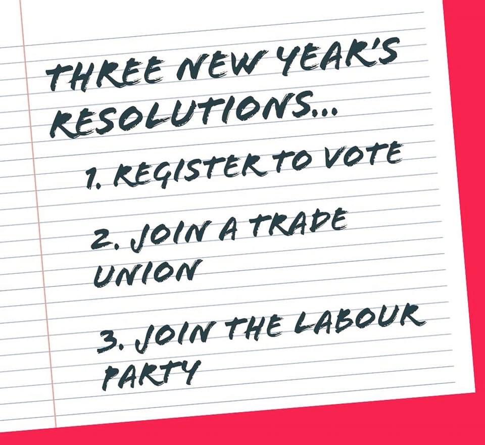 Struggling for some New Year’s resolutions? These three are quick, easy and you can do them right now here: 1. gov.uk/register-to-vo… 2. tuc.org.uk/joinunion 3. join.labour.org.uk #HappyNewYear