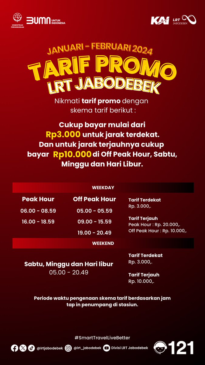 lrtjabodebek's tweet photo. Hai teman Raina,
Berikut Tarif Promo periode bulan Januari - Februari ya, dengan skema tarif Peak dan Off Peak Hour.
#lrtjabodebek #smarttravellivebetter https://t.co/UnDGrtypnj
