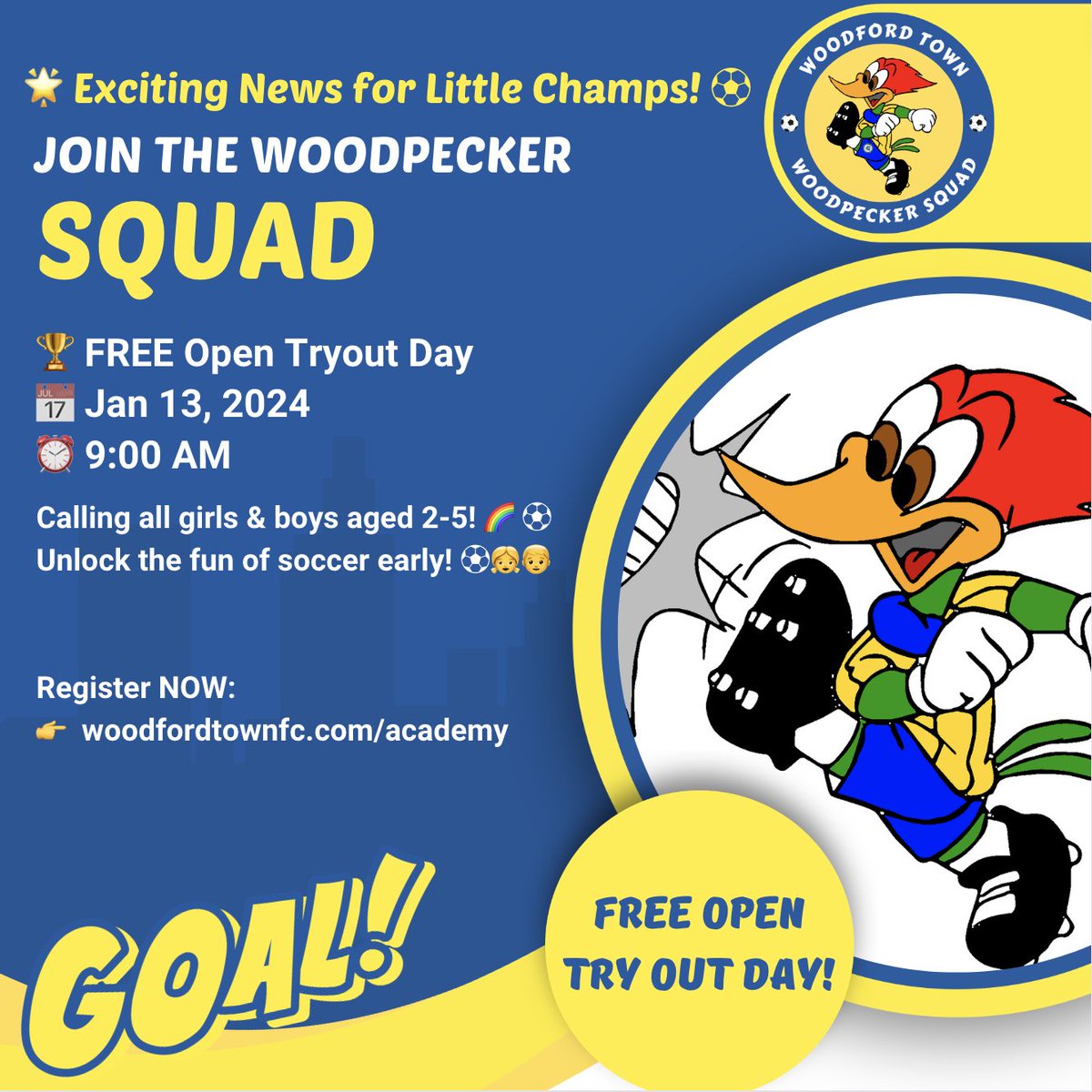 WoodfordTownFC's tweet photo. ⚽️ Exciting News for Little Champs! ⚽️
🏆 FREE Open Tryout Day 📅 Jan 13, 2024 ⏰ 9:00 AM
Calling all girls & boys aged 2-5! 🌈 ⚽️ Unlock the fun of soccer early! ⚽️👧👦
👉 Register NOW: https://t.co/yDg1dkU86K
#WoodpeckerSquad #FutureSoccerStars #KidsSoccer #PlaytimeJoy https://t.co/uySA7qhgOy