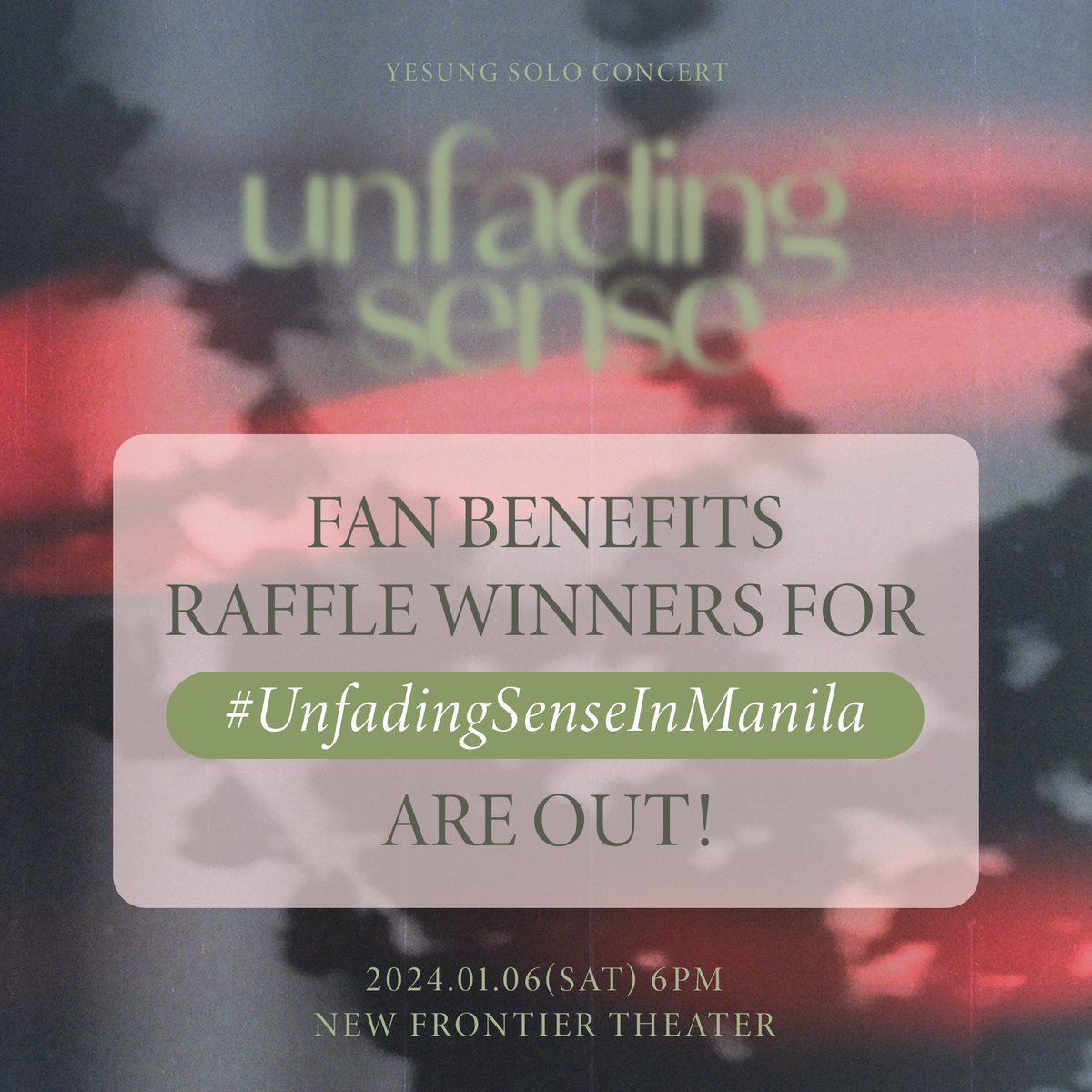 pulpliveworld's tweet photo. Exciting news! Congrats to the lucky winners of YESUNG SOLO CONCERT 'UNFADING SENSE' IN MANILA fan benefits! 💙 Check the link to see if you're one of the fortunate ones. Stay tuned for guidelines, and see you all soon! 
Raffle Winners Link: https://t.co/OGwtX1hZc0

#UnfadingSenseInManila #YESUNGinMANILA