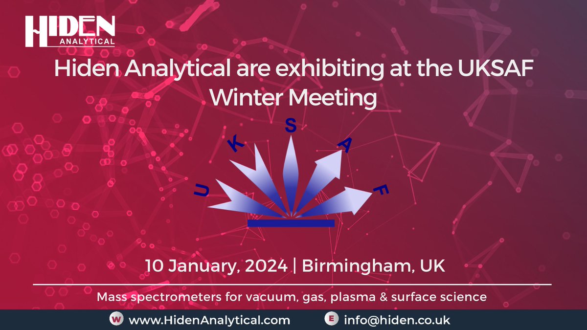 🌟 Exciting News from Hiden Analytical! 🌟
Dr. Graham Cooke and Dr. Steven Fiddy will showcase at the upcoming UK Surface Analysis Forum (UKSAF) on January 10th, 2024, in Birmingham, UK.
Please mark your calendars; we look forward to meeting you there!

 #UKSAF #SurfaceAnalysis