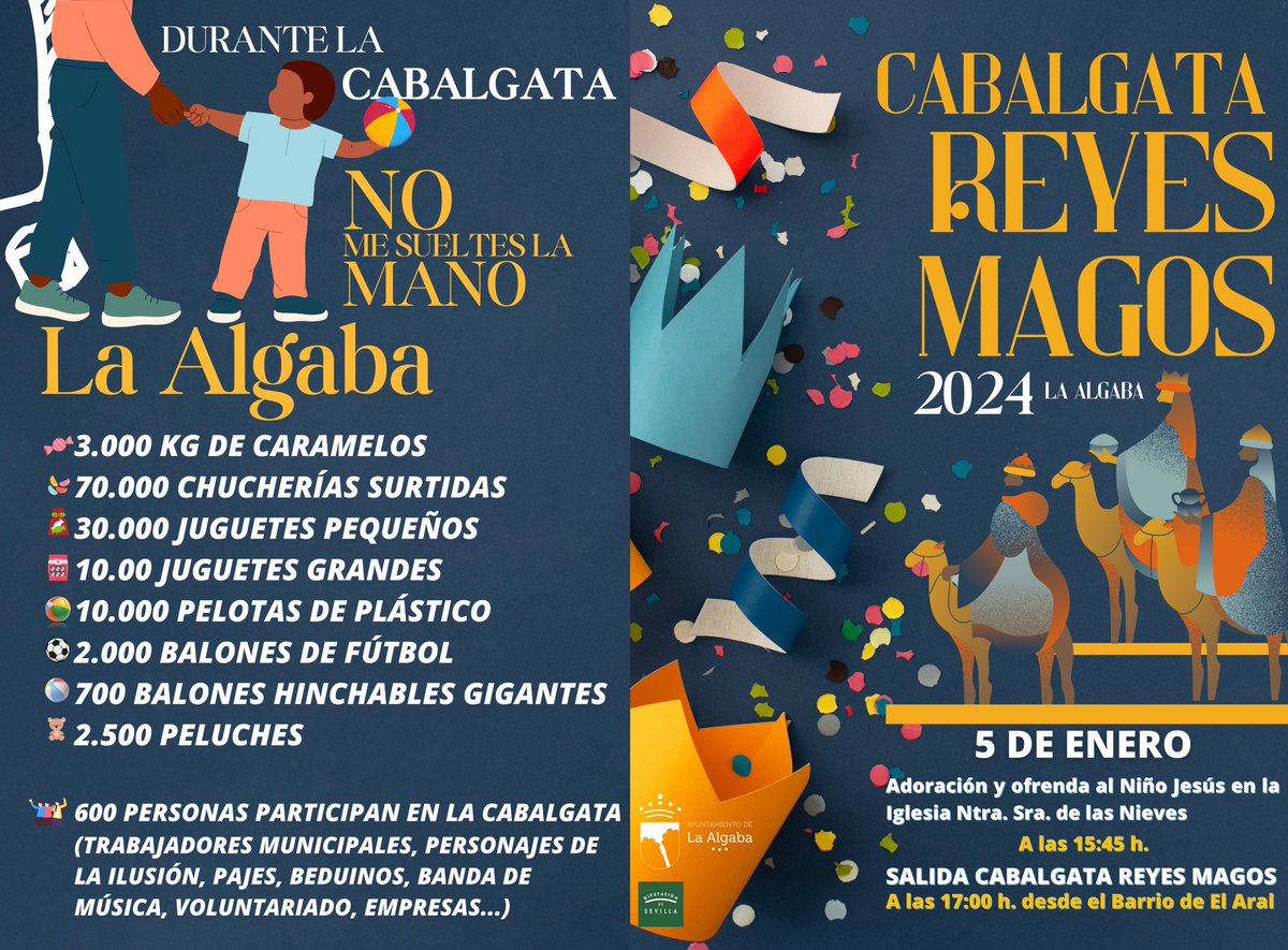 Ayto_algaba's tweet photo. 👑👑👑La Cabalgata de los Reyes Magos desplegará toda su magia el próximo 5 de enero por las calles de La Algaba. 
ℹ️Os dejamos el díptico informativo en el que figura el itinerario.
👁‍🗨La CABALGATA ACABARÁ EN EL AYUNTAMIENTO (Avda 1º de mayo).
 ¡Felices Reyes a todos!
🍬👧🧸👑 https://t.co/FxiRSewVuS