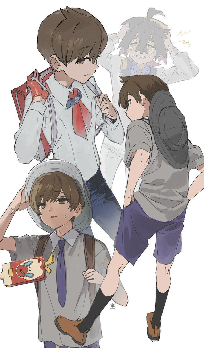 florian (pokemon) ,rotom ,rotom phone brown hair school uniform shirt necktie backpack male focus shorts  illustration images