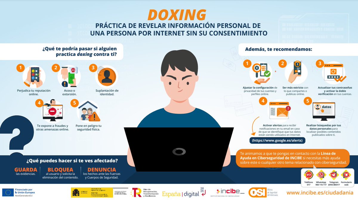 🔴 ¿Sabéis qué es el #Doxing? Es la revelación de información personal en línea sin consentimiento. Os dejamos la siguiente infografía de <a href="/INCIBE/">INCIBE</a> para prevenirlo y, en su caso, denunciarlo ⬇️ #ciberseguridad