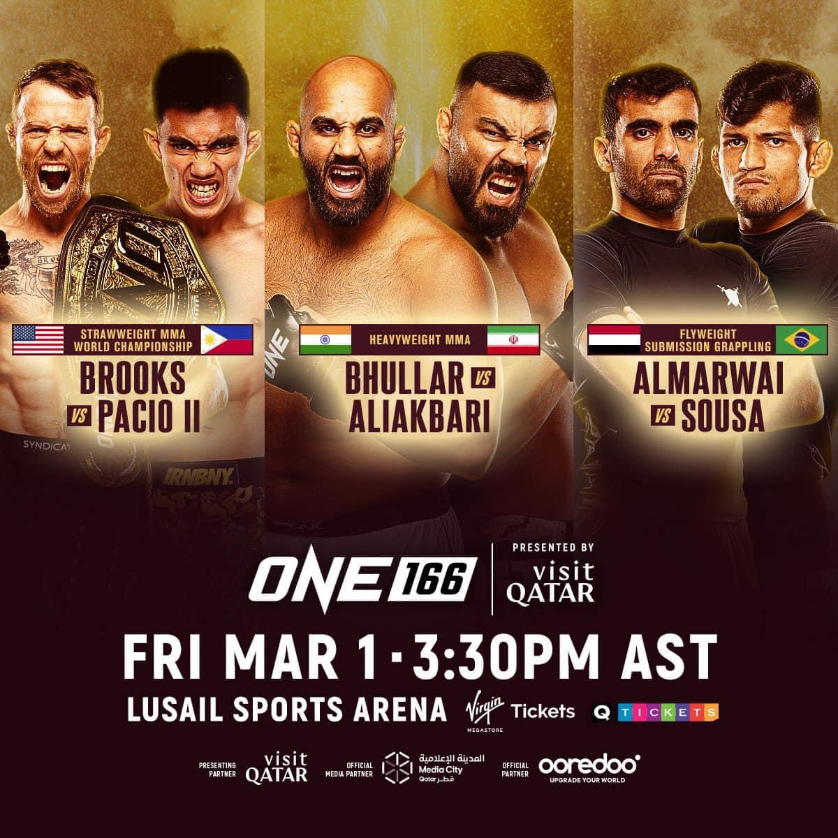 kurtdoha's tweet photo. #ONEChampionship in #Dohaqatar 
March 1, 2024! Support your #Fighter 
🇺🇸 | Jarred Brooks | #US
🇵🇭 | Joshua Pacio | #Philippines 
🇮🇳 | Arjan Bhullar | #India 
🇮🇷 | Amir Aliakbari | #Iran 
🇾🇪 | Osamah Alikbari | #Yemen 
🇧🇷 | Cleber Sousa | #Brazil 
Tickets is out on sales ✊🏻 https://t.co/vdMhjo4VLk