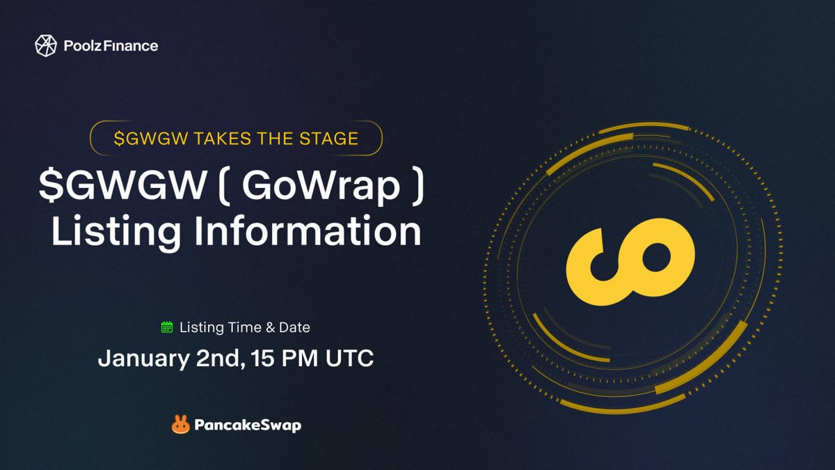 Poolz__'s tweet photo. The @GoWrap_xyz Listing Announcement 

🗓 Date &amp; Time: January 2nd, 15:00 UTC

Key Actions &amp; Information:

1. Claim $GWGW Tokens: Starting at 15:01 UTC, claim your GWGW TGE 100% allocation on @BNBCHAIN via Poolz Dashboard:

👉 https://t.co/RRiyNsHPkq https://t.co/rYPrYoPGgh