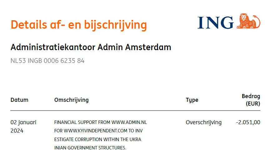 Ad_minamsterdam's tweet photo. A € 2,024 donation from accounting firm Admin Amsterdam to the Ukrainian newspaper the Kyiv Independent. This to support Investigative #journalism into #corruption and #fraud within Ukrainian government structures and the military complex #Ilovemybookkeeper @KyivIndependent @nvj https://t.co/MqRZaZBNx8