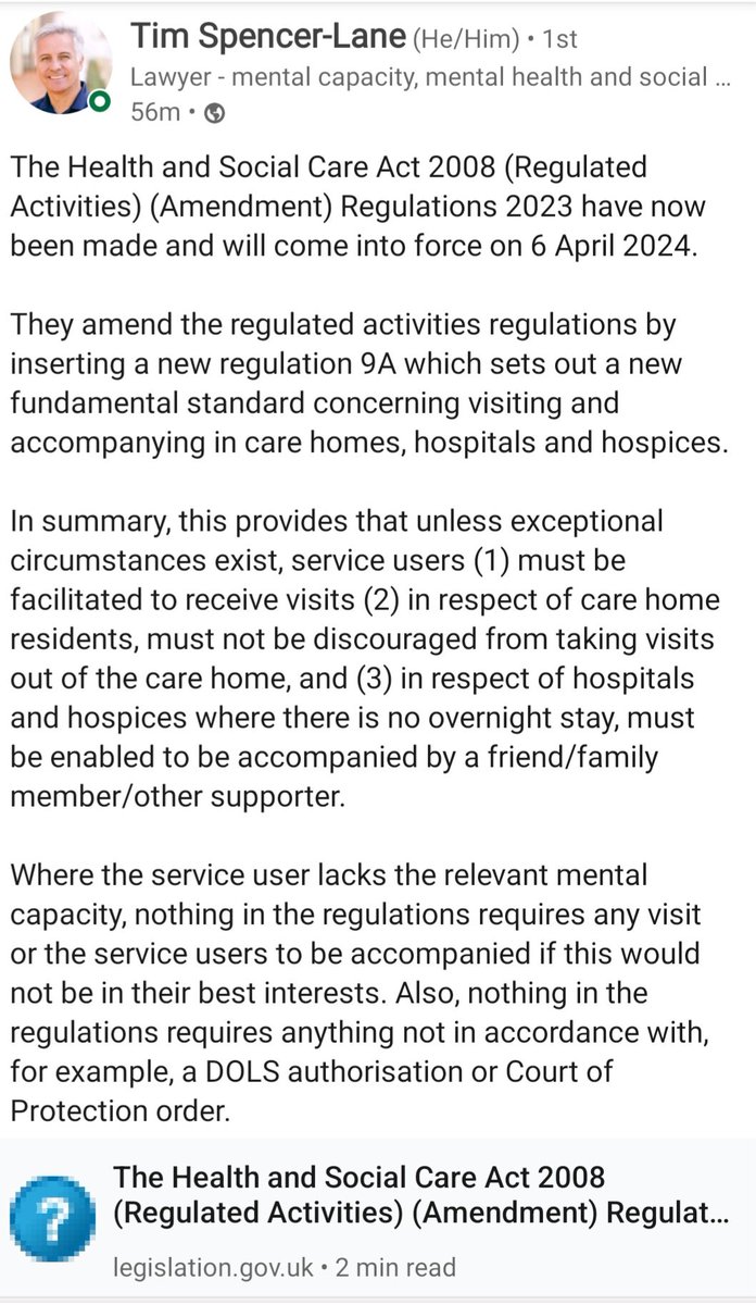 New regulations relating to care home visiting. Thanks to Tim Spencer-Lane on LinkedIn for summarising 👇 #CareHomes #SocialCare #HumanRights #MCA #DoLS