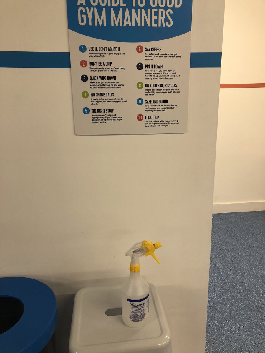 Mon1Lol's tweet photo. @gymgroup 3rd day in a row - no blue towels to wipe down as per your rules. only 1 spray available for  2 floor gym at Straiton as management have removed it from cardio area to make it easier to recycle bins! how is that close to sensible given coughing and sneezing going on! https://t.co/fFAh7BZMUO