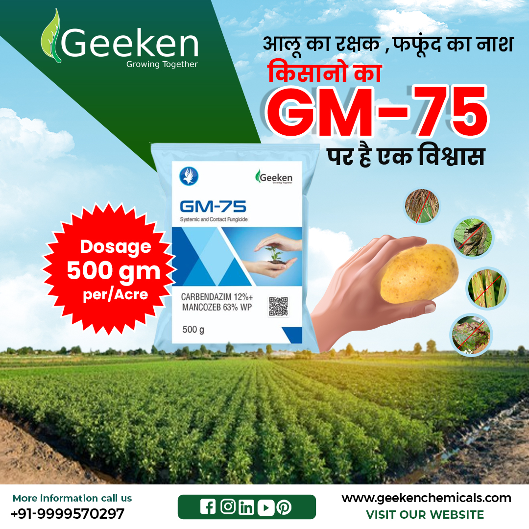 आलू का रक्षक
फफूंद का नाश
किसानो का GM -75 पर है एक विश्वास
.
.
#agrochemicals #farminputs #cropprotection #Agrichemicals
#pesticides #herbicides #fertilizers #crophealth #agriculturalchemicals #agriinputs #precisionfarming #SustainableAgriculture #geekenchemicals