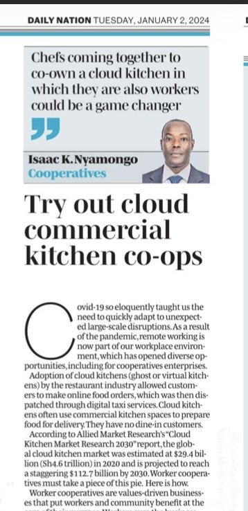 Prof_IKNyamongo's tweet photo. In today’s @NationAfrica I address a potential avenue for worker cooperatives. Cloud commercial kitchens are raking in money! How about taking a piece of the pie? @OCDCICRG @IloProspects @G_Communities_K @CoopVarsityKE @cbs_ke @Kabogo_Henry @Erick_O_Mokua https://t.co/1eIZ15B3bm