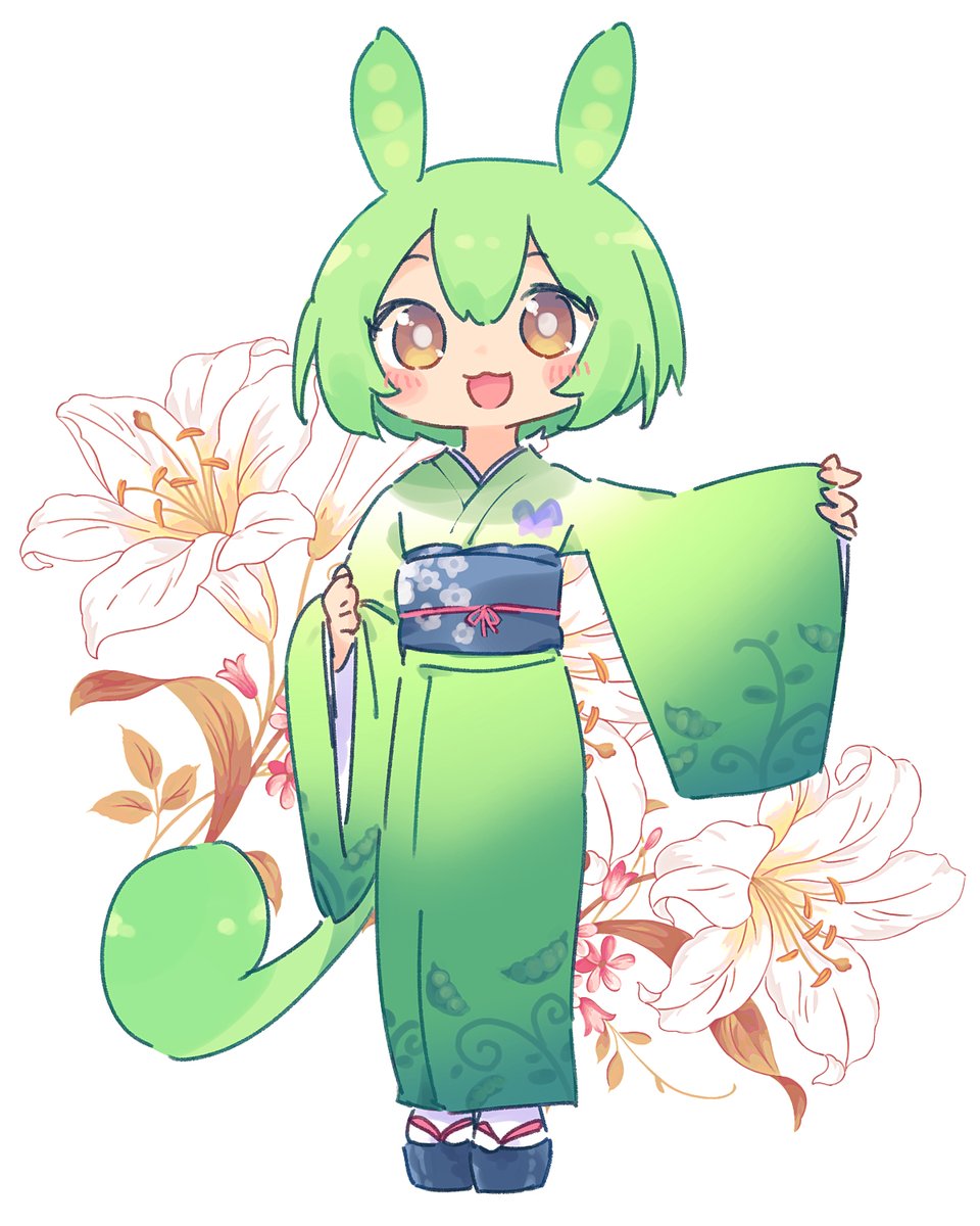 zundamon 1girl japanese clothes solo kimono green hair flower green kimono  illustration images