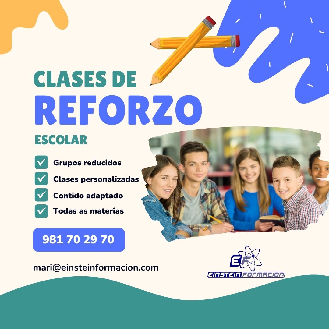 👨‍🏫 Ven ás nosas clases de reforzo, onde aprender é máis fácil e divertido!

🧑‍👩‍🦱 👧 👦

Nós axudámosche con esas materias difíciles deste trimestre:

981 70 29 70

📙 📚 ✏
