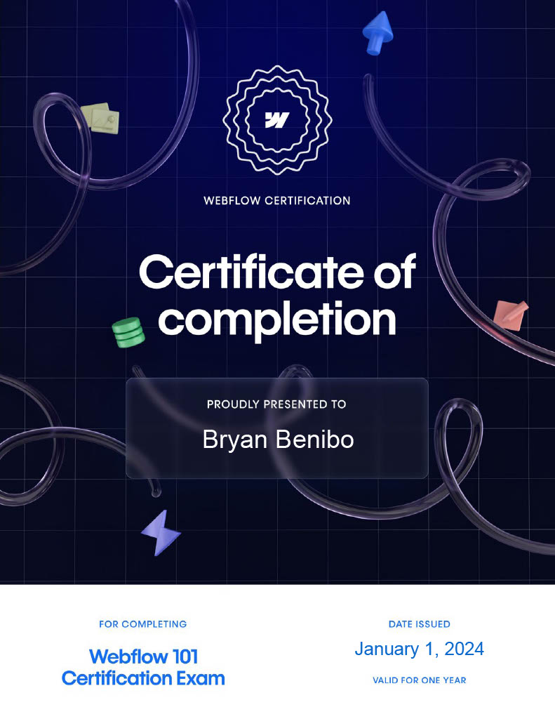 🎉 Starting 2024 with a bang! Just earned my Webflow 101 Certification today! 💻🚀

Ready to elevate my web design game and dive into endless creative possibilities. 

Big thanks to everyone who supported me! #WebflowCertified #WebDesign #Webflow #Design #NewYearNewSkills 🌐🌟