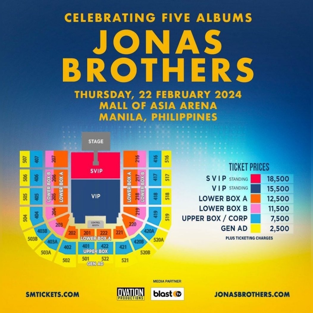 philconcerts's tweet photo. Here are the ticket prices for Jonas Brothers. Tickets are available starting on Jan. 6, 12 NN via SM Tickets by @ovationprod https://t.co/fOD2DprRWX