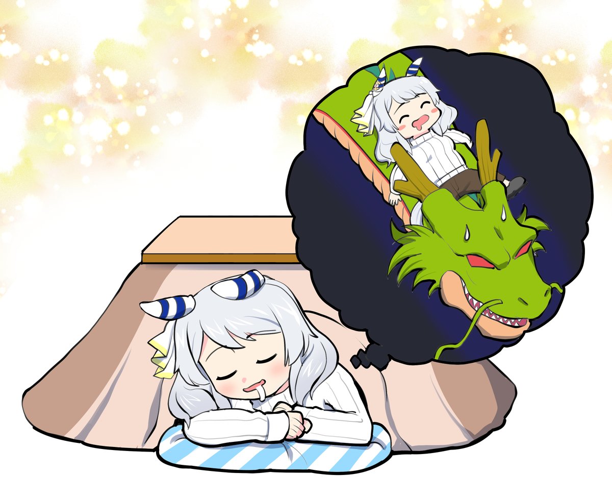 hishi miracle (umamusume) animal ears horse ears kotatsu table dreaming dragon horse girl  illustration images