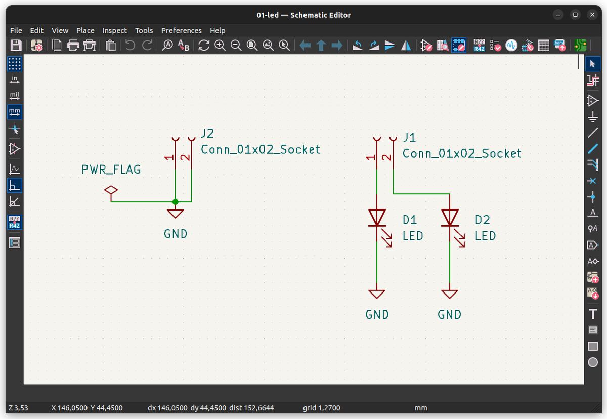 Obijuan_cube's tweet photo. Estoy probando #kicad 7, con la idea de enseñar a hacer PCBs desde 0, en la asignatura de Mecatrónica del grado de robótica en la @EIF_URJC ,para el curso 2024/2025. Como ejemplo estoy haciendo un "hola mundo" de 2 LEDs, para conectarlo a la Alhambra-II https://t.co/B9E2gjyQ0i