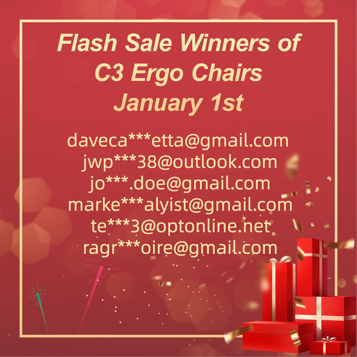 🎉Congratulations to 6 Lucky Winners!🎉

🥳A huge congrats to our first 6 lucky winners who scored a free C3 chair in our New Year's 1st Round Flash Sale in first few seconds (second/final round at 5pm est, Jan 4th). We'll be shipping your prizes ASAP.