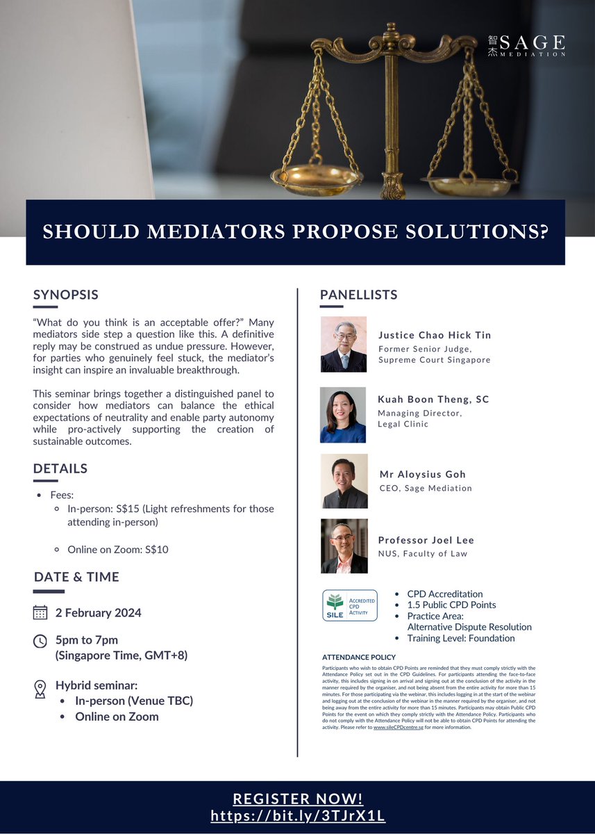 SageMediation's tweet photo. Join our seminar to gain insights from our distinguished panel, as they explore the delicate balance that mediators use to navigate the ethical demands of neutrality while seeking to inspire a breakthrough in deadlocked negotiations.

Register here:
https://t.co/UcDyc7qfgC

#ADR https://t.co/we53CZDXRa