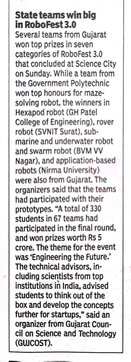 InfoGujcost's tweet image. India’s biggest robotic competition #ROBOFEST Gujarat 3.0 represented a groundbreaking #initiative by #GUJCOST @GujScienceCity that celebrated robotics, innovation, and talent in India from 29-31st Dec 2023 with significant participation, demonstration of #prototype of working…