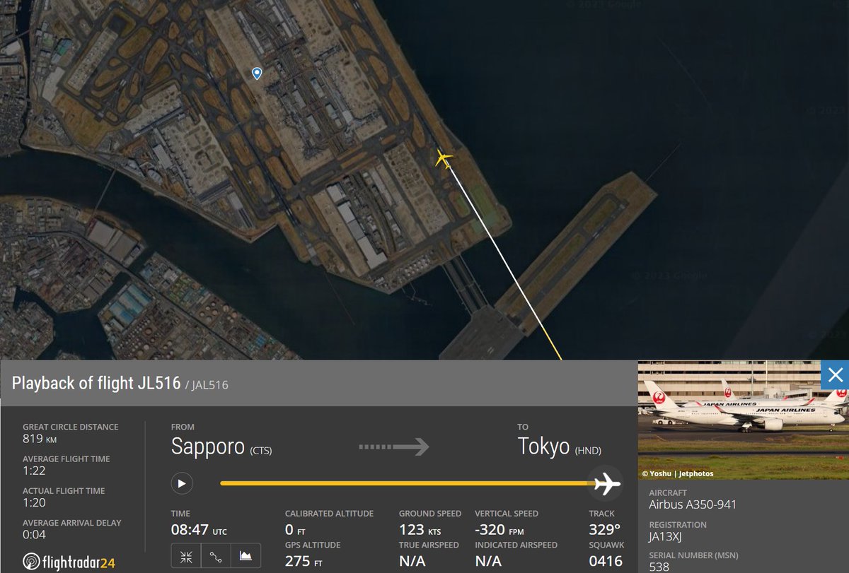 flightradar24's tweet photo. We are following reports of an aircraft accident involving an A350 from Japan Airlines at Tokyo Haneda International Airport https://t.co/xs0reZUHxz