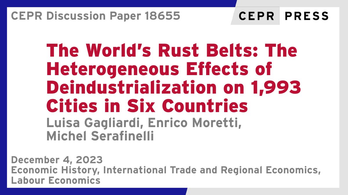 New CEPR Discussion Paper - DP18655
The World’s Rust Belts: Heterogeneous Effects of Deindustrialization on 1,993 Cities in 6 Countries
@GagliarL <a href="/Unibocconi/">Università Bocconi</a>, Enrico Moretti <a href="/UCBerkeley/">UC Berkeley</a> <a href="/berkeleyecon/">Berkeley Economics</a>, @MichSerafinelli <a href="/UoE_Economics/">Uni Essex Economics Dept</a>
ow.ly/m5ZU50QmWGG
#CEPR_EH, #CEPR_ITRE
