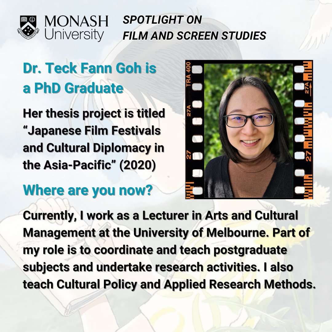 mfjmonash's tweet photo. This week in #FilmandScreenStudies spotlight we have Dr. Teck Fann Goh whose research focuses on film festivals, cultural diplomacy, cultural policy, and audience reception. She is currently writing a monograph on Japanese Film Festivals in the Asia-Pacific. https://t.co/VteqzsxidG